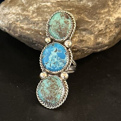 Navajo Blue Kingman Turquoise Cluster Ring | Authentic Native American Sterling Silver | Multi-Stone | Sz 8.5 | 14492