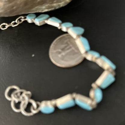 Southwestern Old Pawn Blue Turquoise Link Bracelet | 8" | Sterling Silver | 14260