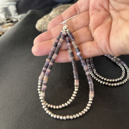 Native American Sugilite Heishi Bead Earrings | Sterling Silver | 4" | 14316