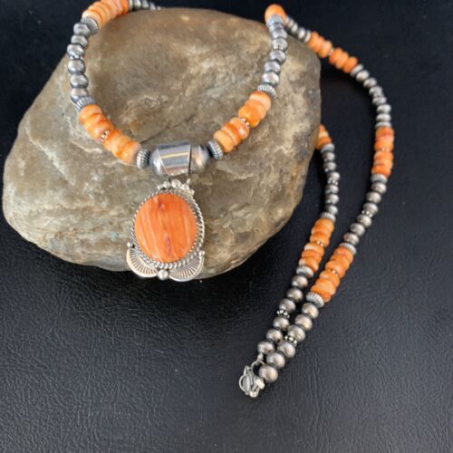 Navajo Orange Spiny Oyster Pendant Necklace | Sterling Silver | Authentic Native American Handmade | N 13650
