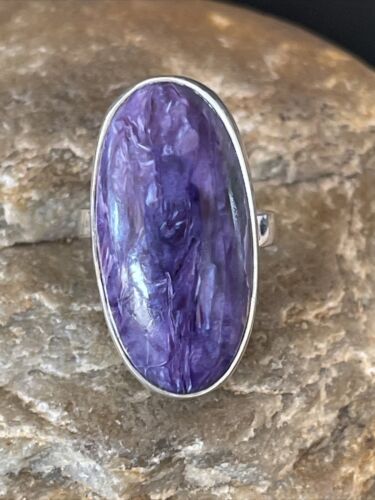 Navajo Purple Charoite Oval Ring | Sterling Silver | Sz 8 Adjustable | Authentic Native American Handmade | 10570