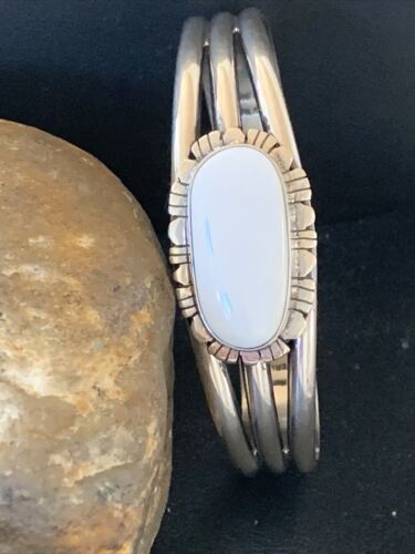 Navajo White Buffalo Turquoise Cuff Bracelet | Sterling Silver | Authentic Native American Handmade | 1423