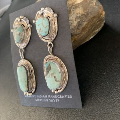 Navajo Blue Dry Creek Turquoise Post Dangle Earrings | Sterling Silver | Authentic Native American Handmade | 13875