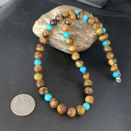 Navajo | Sterling Silver Necklace | Brown Tiger's Eye & Blue Turquoise | 20" | Authentic Native American Handmade | 13895