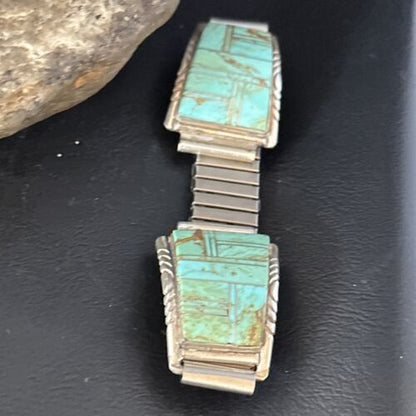 Authentic Navajo Men's Wristwatch | Blue Turquoise Inlay | Sterling Silver Tips | Native American Jewelry | 14395