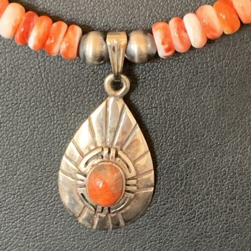 Navajo Pearl Necklace with Red Apple Coral & Spiny Oyster Pendant | Sterling Silver | 12373