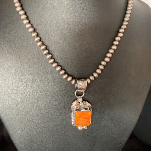 Navajo Orange Spiny Oyster Pendant | Sterling Silver | Authentic Native American Handmade | 13640