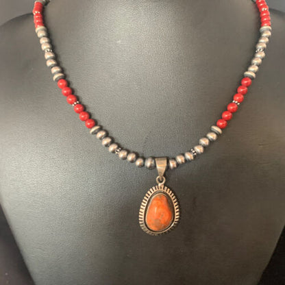 Navajo Red Apple Coral Pendant Necklace | Sterling Silver Beads | Authentic Native American Handmade | 13438