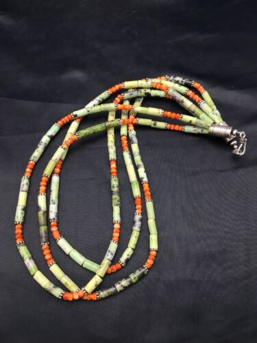 Navajo Green Serpentine & Spiny Oyster Necklace | 3 Strand | Sterling Silver | Authentic Native American Handmade | 4095