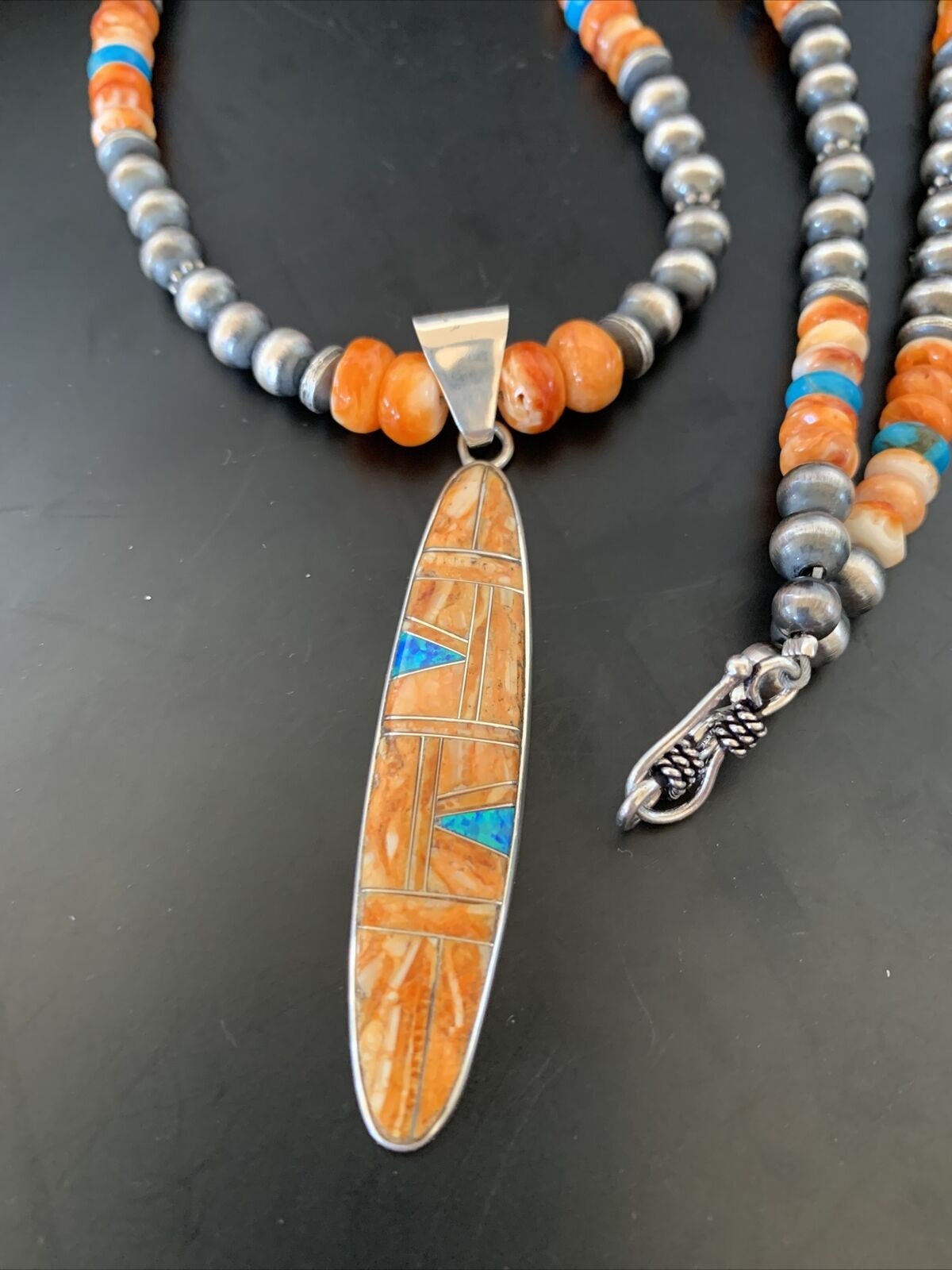 Navajo Pearls Sterling Silver Necklace with Orange Spiny Oyster & Opal Pendant | Authentic Native American | 11384