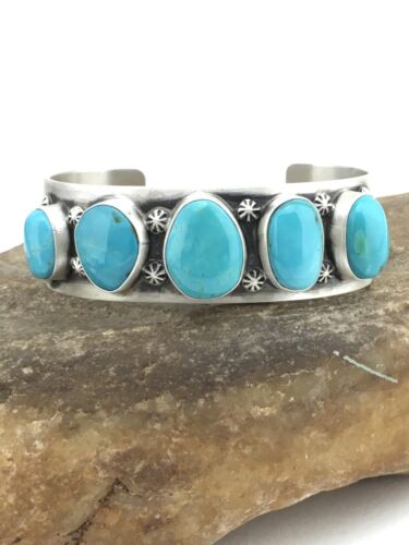 Navajo Men's Sterling Kingman Turquoise Bracelet | 5 Stone | Authentic Native American Handmade | 1304