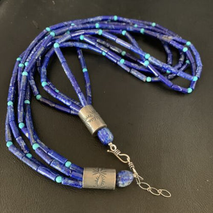 Women's Men's Sterling Silver Blue Denim Lapis Turquoise Necklace | 5 Strand | 22" | 13405