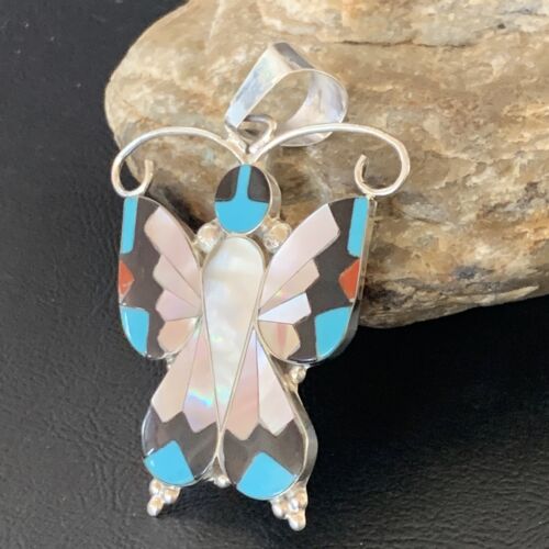 Zuni Blue Turquoise Coral Butterfly  Inlay Pendant | Sterling Silver Necklace | Authentic Native American Handmade | 11966