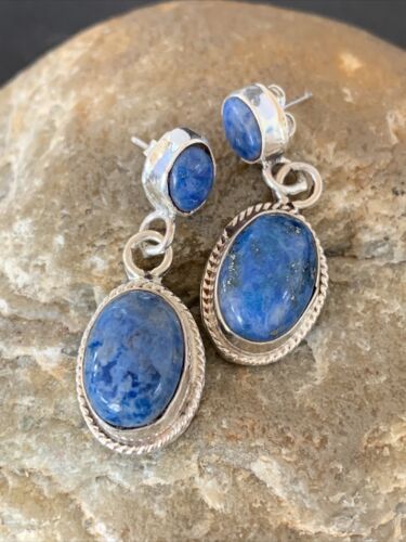Navajo Denim Lapis Dangle Earrings | Sterling Silver | 1.1" | Authentic Native American Handmade | 1702