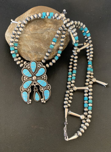 Zuni Sleeping Beauty Turquoise Inlay Necklace | Sterling Silver Squash Blossom | 12232
