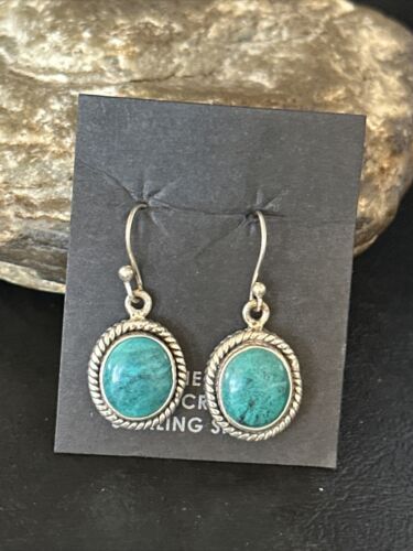 Navajo Blue Turquoise Dangle Earrings | Sterling Silver | 1" | Authentic Native American Handmade | 14772