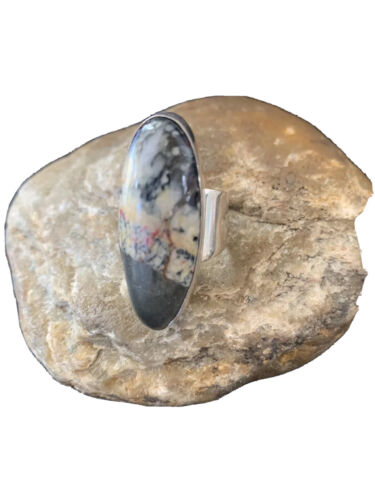 Southwestern Navajo Cinnabrite Ring | White Black | Sterling Silver | Sz 7.5 | 1557