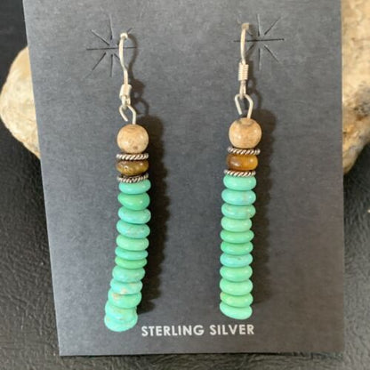 Navajo Green Turquoise & Picture Jasper Bead Earrings | Sterling Silver | Authentic Native American Handmade | 4080
