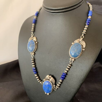 Navajo Pearls Necklace with 3 Stone Blue Denim Lapis Pendant | Sterling Silver | Native American Handmade | 10822