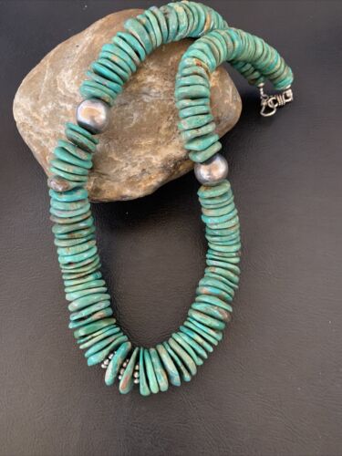Navajo Green Turquoise Necklace | Graduated Sterling Silver | 19" | Authentic Native American Handmade | 11705 - Masha USA
