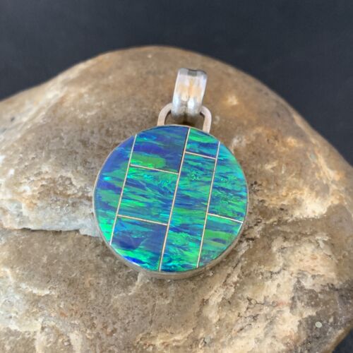 Authentic Native American Navajo Sterling Silver Blue Fire Opal Inlay Pendant | Handmade Jewelry | 13143