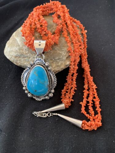 Navajo Sterling Silver Coral Bead Necklace with Turquoise Pendant | Multi-Strand | Authentic Native American Handmade | 767