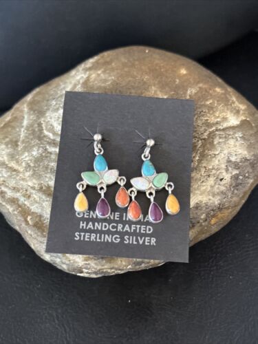 Navajo Multi-Color Turquoise Spiny Opal Inlay Sterling Earrings 1" | Handmade | 14410