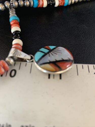 Zuni Multi-Color Turquoise Onyx Necklace | Sterling Silver Inlay Pendant | Authentic Native American Handmade | 13800