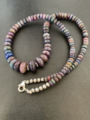 Native American Women's | Sterling Silver | Ethiopian Black Fire Opal Bead Necklace | Handmade | 18" | 01919
