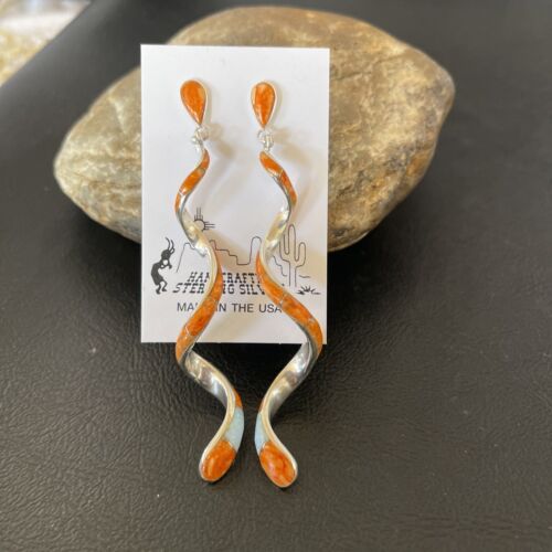 US Navajo Snake Swirl Oran Spiny Opal Inlay Sterling Earrings Long 3.25”1548