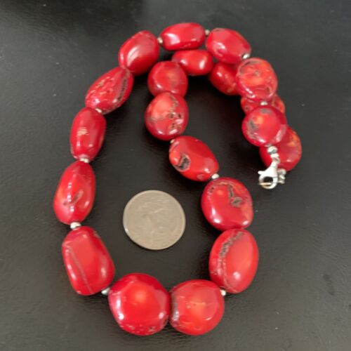 Navajo Red Coral Bead Necklace | Sterling Silver | 20" | Authentic Native American Handmade | 13409