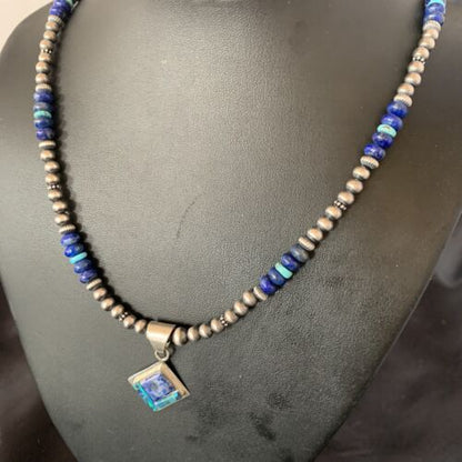 Men's Turquoise, Lapis & Opal Inlay Pendant | Navajo Sterling Silver Necklace 21" | 12605
