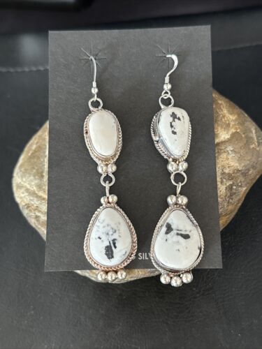 Navajo White Buffalo Turquoise Dangle Earrings | Sterling Silver | 2.5" | Authentic Native American Handmade | 14801