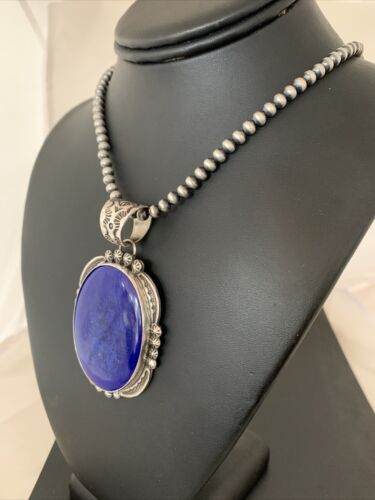 Men's Lapis Lazuli Pendant | Navajo Pearls Sterling Silver Necklace | Authentic Native American Handmade | 1282