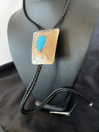 Men's Bolo Tie | Navajo Blue Kingman Turquoise | Sterling Silver | Authentic Native American Handmade | 12146