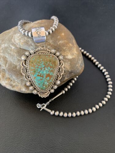 Navajo Blue #8 Turquoise Pendant Necklace | Sterling Silver | Authentic Native American Handmade | 10227
