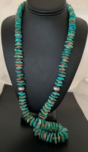 Authentic Navajo Green Turquoise & Spiny Oyster Necklace | Sterling Silver Pendant | 30" | 01852