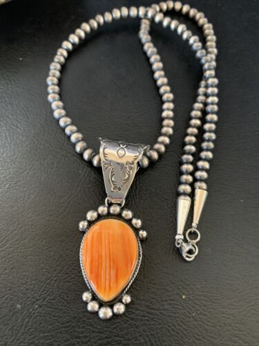 Navajo Orange Spiny Oyster Pendant Necklace | Sterling Silver | Authentic Native American Handmade | 13076