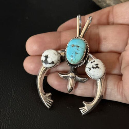 Navajo Blue Kingman Turquoise White Buffalo Naja Pendant | Sterling Silver | Authentic Native American Handmade | 14668