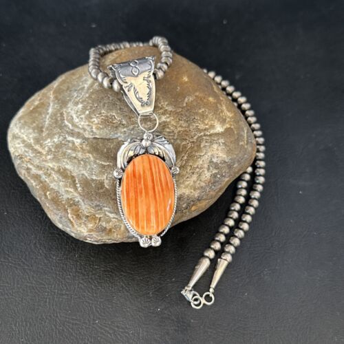 Navajo Pearls Orange Spiny Oyster Necklace Pendant | Sterling Silver | Authentic Native American Handmade | 14717