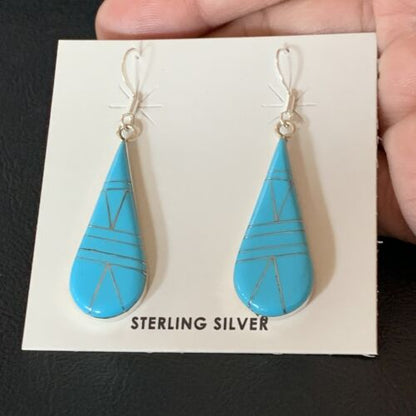 Navajo Blue Turquoise Inlay Dangle Drop Earrings | Sterling Silver | 1.5" | 13311