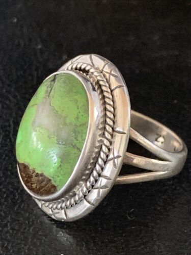 Native American Green Gaspeite Ring | Navajo Sterling Silver | Sz 8.5 | 13779