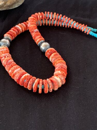 Red Spiny Oyster & Blue Turquoise Graduated Necklace | Sterling Silver | Authentic Native American | 25" | 13712