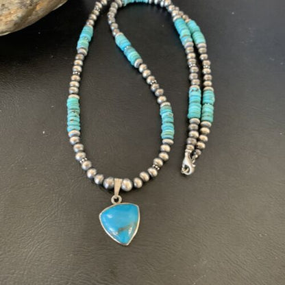 Navajo Pearl Necklace with Blue Kingman Turquoise Pendant | Sterling Silver | Authentic Native American Handmade | 12551
