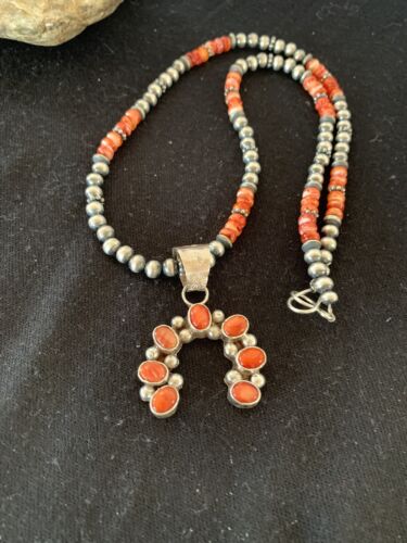 Navajo Red Spiny Oyster Naja Pendant | Sterling Silver Pearls | Authentic Native American Handmade | 140