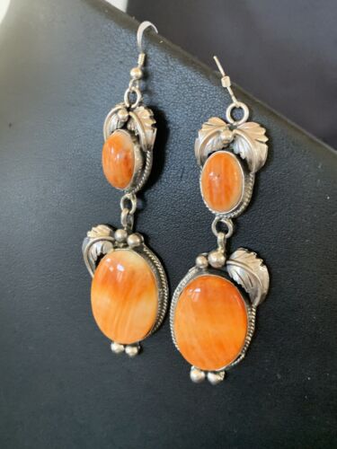 Navajo Orange Spiny Oyster Dangle Earrings | Sterling Silver | Authentic Native American Handmade | 12200 - Masha USA