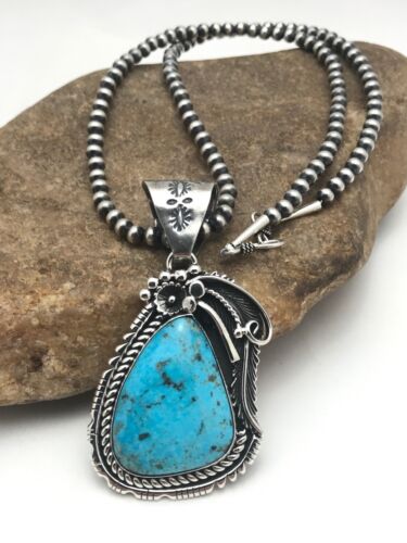 Native Kingman Turquoise Pendant Navajo Sterling Silver Necklace 3203