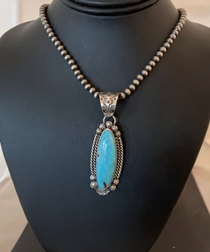 Men's Blue Kingman Turquoise Pendant | Navajo Pearls Sterling Silver Necklace | Authentic Native American Handmade | 01071