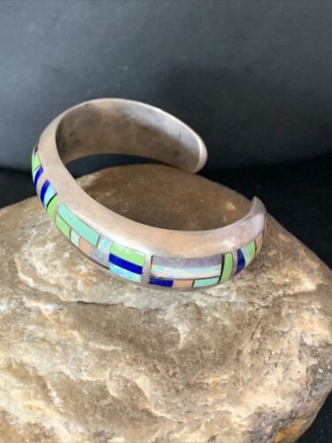 Old Pawn Navajo Turquoise Gaspeite Lapis Inlay Bracelet | Sterling Silver | Authentic Native American Handmade | 14160