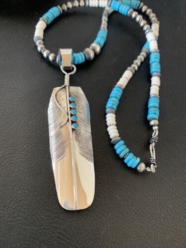 Navajo Turquoise Multi-Stone Feather Pendant | Authentic Native American Sterling Silver | Handmade | 3.5" | 02133